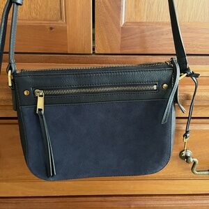 New Fossil Navy Leather Crossbody Bag with Suede accent